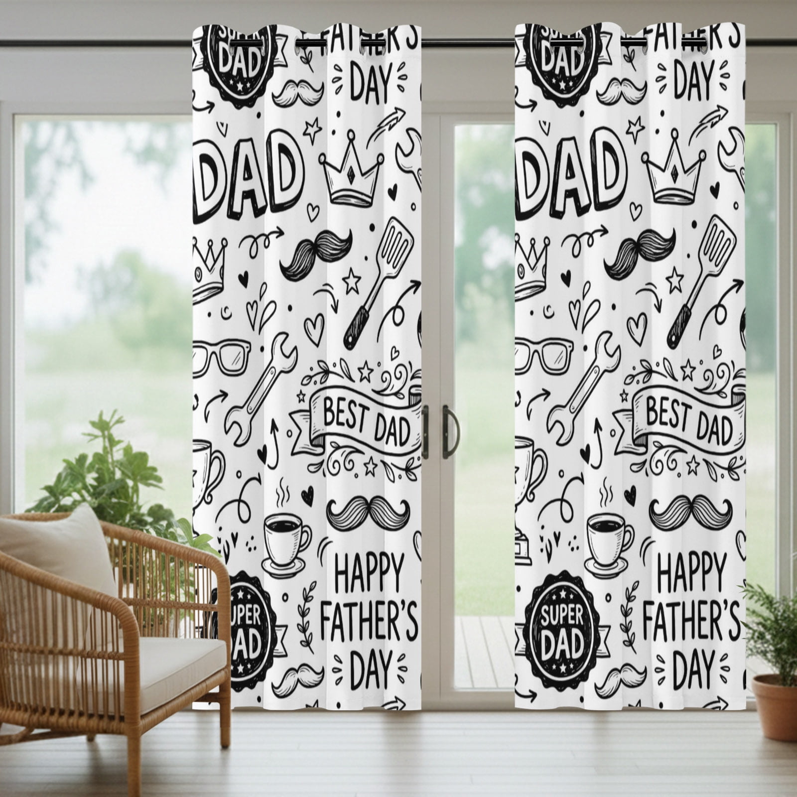 Father's Day Outdoor Curtains for Patio, Beard Baseball Football Tool Cartoon Sunshade Privacy Drapes Grommet Waterproof Outside Curtains for Porch/Cabana/Balcony 54"x 108", 1 Panel
