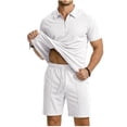 thumbnail image 3 of Tqyyweavej Men's 2 Piece Waffle Beach Outfits Quarter-Zip Short Sleeve Lapel Collar Tshirts and Drawstring Solid Color Board Shorts with Pockets, 3 of 10