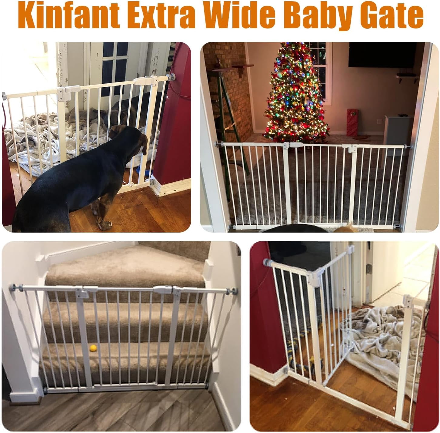 Kinfant Extra Wide Baby Gate - 58-Inch White Doorway & Stair Gate, Tall & Adjustable Extension Pressure Pet Gate, with Extension Kit, Pressure Mount Kit, Wall Cups