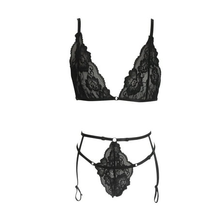 

Roliyen Lingerie For Women Lace Lingerie V-Neck Bra Thong With Garter Underwear Pajamas Suit Set Nightgowns For Women