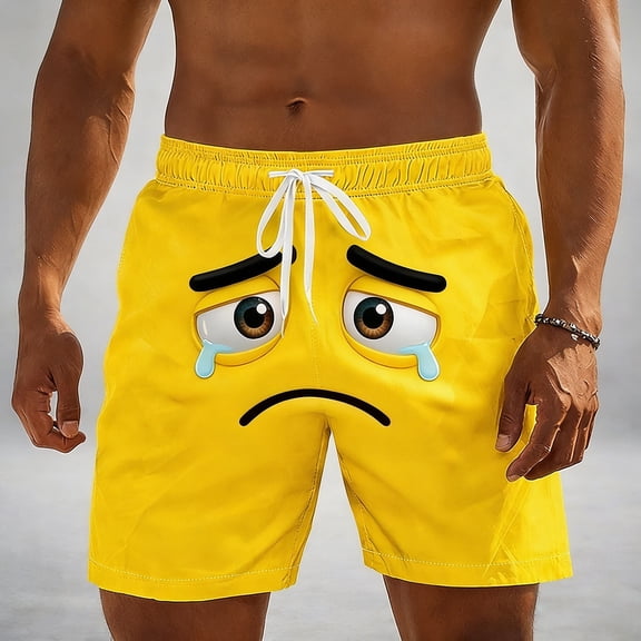 Kakii Men's Novelty Swim Trunks - Funny Black Sunglasses Emoji Print Beach Shorts with Elastic Drawstring Waist