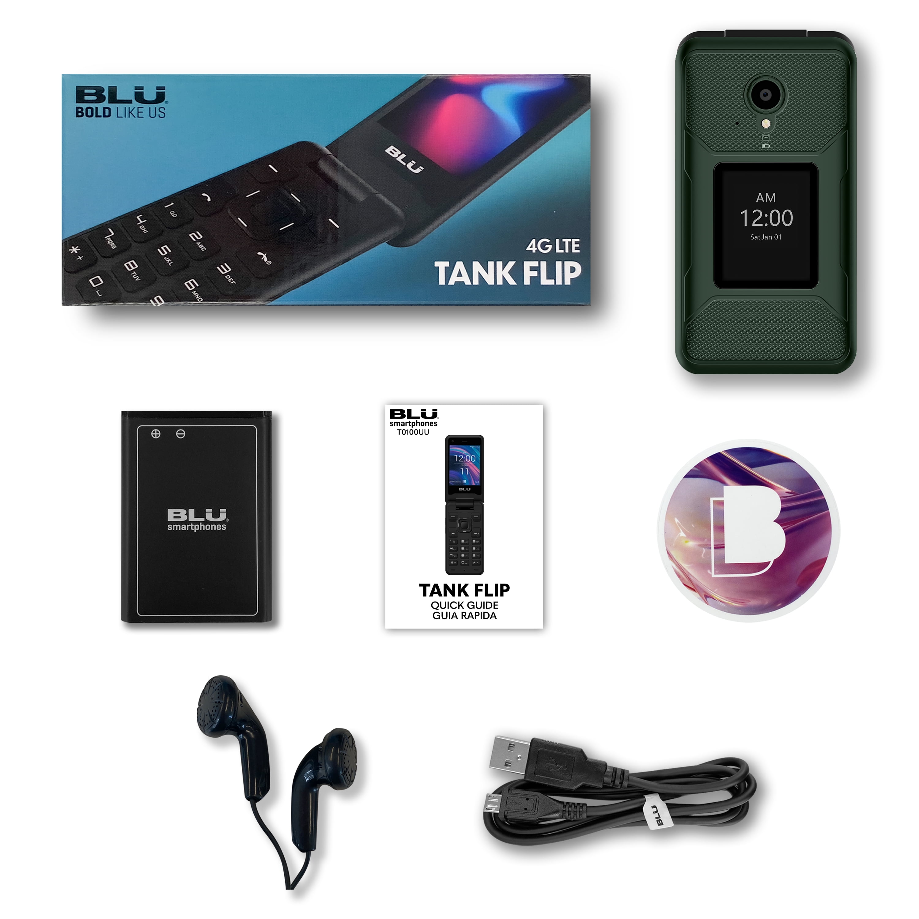 Restored BLU Tank Flip Unlocked 4G LTE Flip Phone 2022 2.8” + 1.8” Display Green (Refurbished)