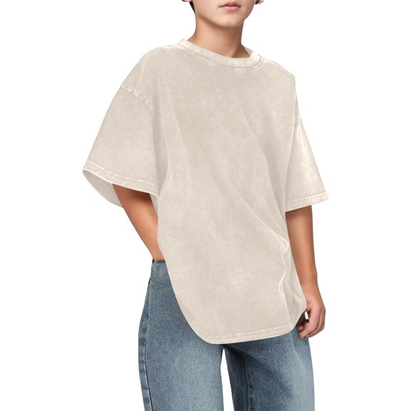 Boys Oversized Washed Crew Neck T‑Shirt Vintage Mineral Wash Short Sleeve Loose Fit Casual Tee Soft Breathable Kids Basic Top for Daily School Outdoor Play Wear(Beige,11-12 Years)
