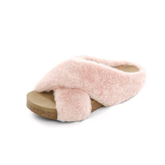 DREAM PAIRS Women's Fluffy House Shoes,Comfy Fuzzy Bedroom Non Slip Slide Slippers,Soft Faux Rabbit Fur Cross-Band Comfy Open Toe Slippers Indoor Outdoor SDSL2215W