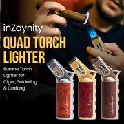 Quad Torch Lighter - Handheld Blow Torch for Cooking, Soldering, Resin Art - Portable Torch with Adjustable Flame & Ignition Lock - Luxurious Kitchen Torch & Gift Box by inZaynity - Steel Brown
