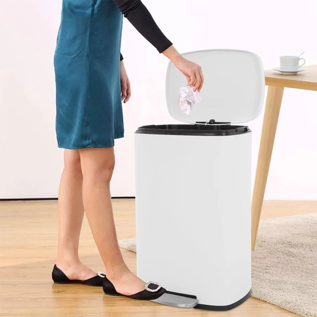 NiamVelo Kitchen Trash Can 13 Gallon with Soft Slow Lid Big Step Trash Can with Removable Plastic Inner Bucket Stainless Steel Garbage Can for Bathroom Kitchen and Office Trash Bin 50 Liter, White