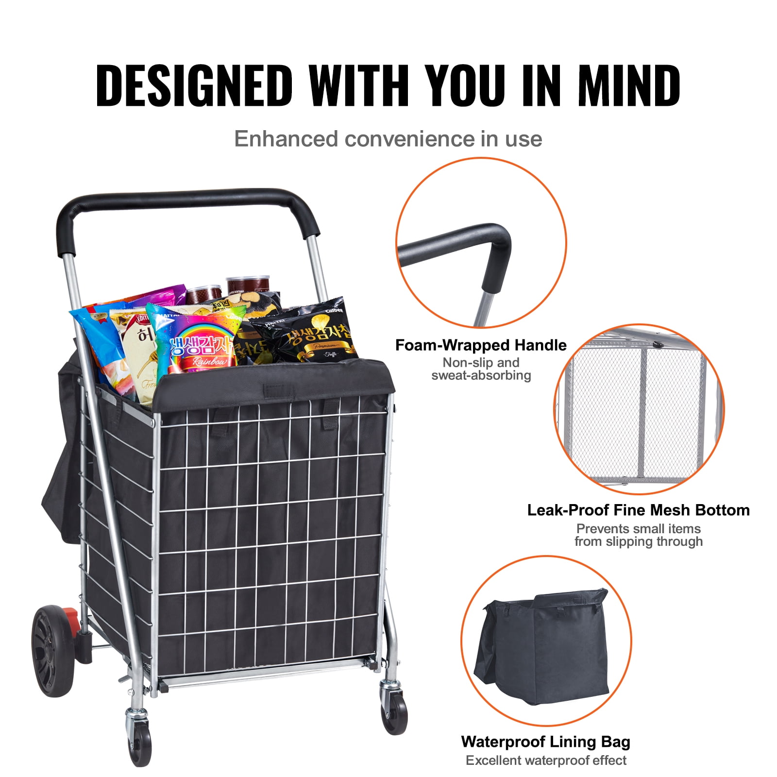 KFFKFF Folding Shopping Cart Utility Grocery Basket Cart Shopping Wheels 200 lbs