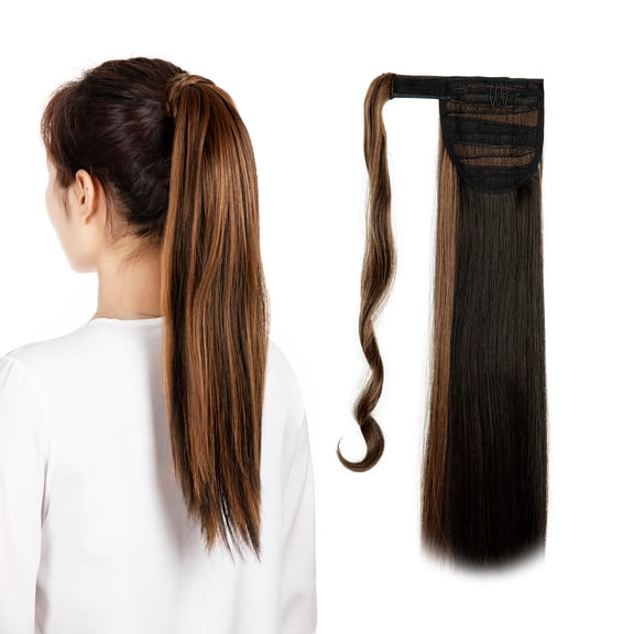 SHCKE Wrap Around Long Hair Extension for Women 20" 22" Straight Wavy Ponytail Extensions Clip In Ponytail Extensions Dark Brown Mix Light Auburn Synthetic Hair Piece