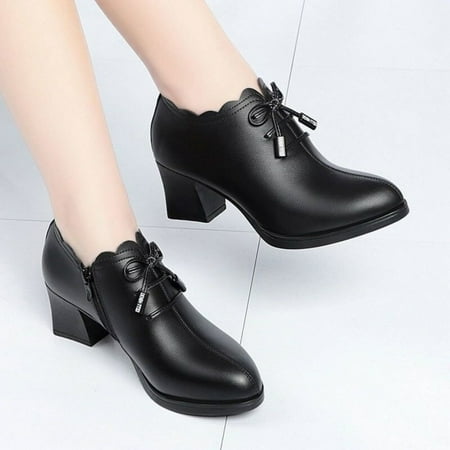 

Tawop Walking Shoes Women Comfort Fashion Boot Zipper Vintage Pointed Toe Chunky Heel Boot Pu Black 37(Us:6)