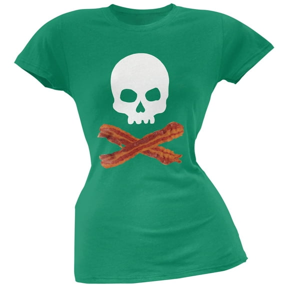 Bacon Skull And Crossbones Green Soft Juniors T-Shirt - 2X-Large