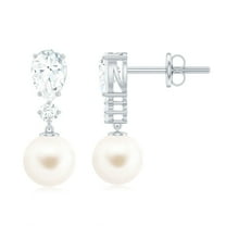 Rosec Jewels Freshwater Pearl Drop Earrings with Moissanite for Women - AAA Quality, 18K White Gold