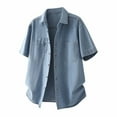 thumbnail image 2 of COSFO Collared Denim Shirts for Men Short Sleeve Casual Tops Regular Fit Button-Up Shirts with Pocket Solid Mens Shirt, 2 of 9