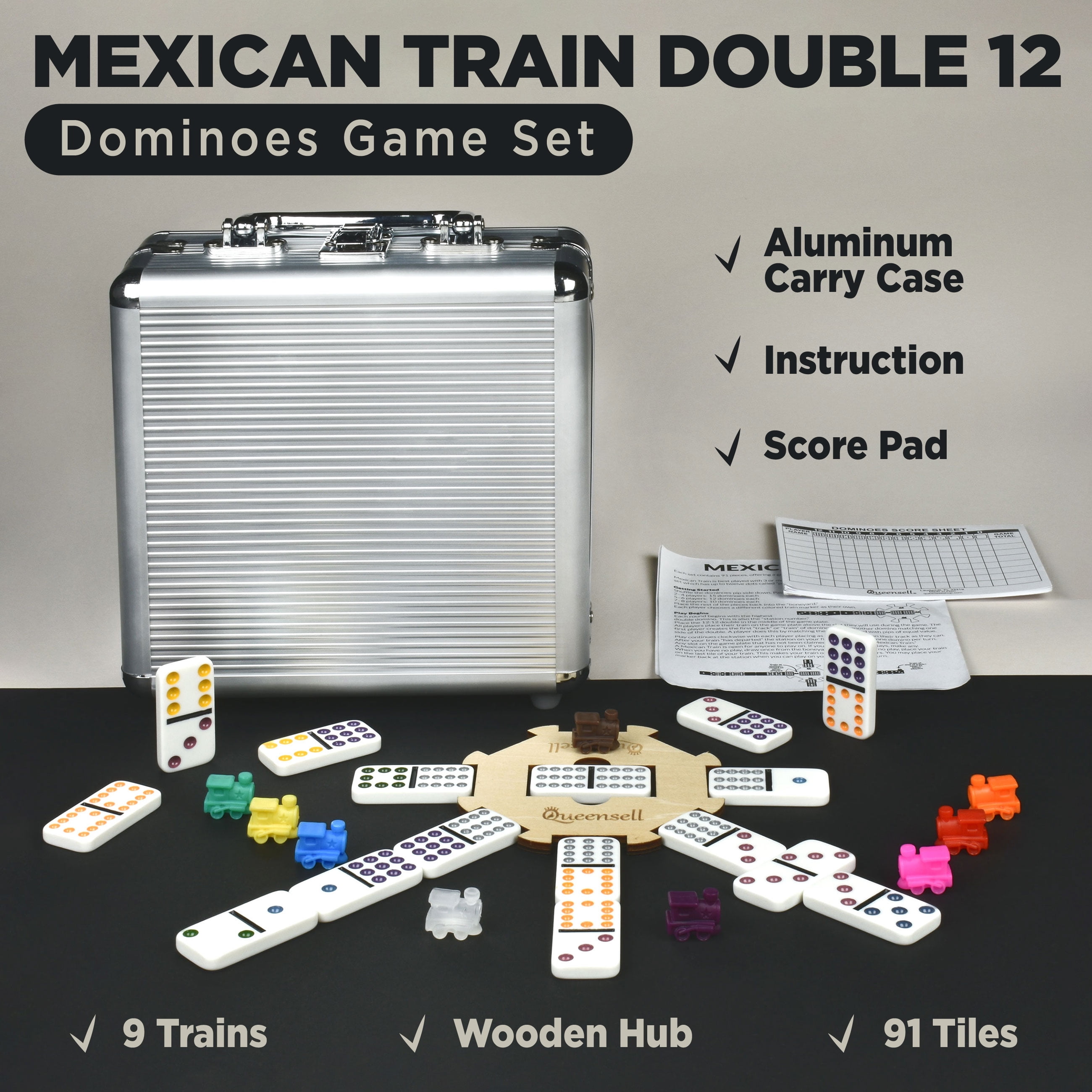 Mexican Train Dominoes Set with Wooden Hub, Domino Tile Board Games - Double 12 Dominos Set for Family Game Night for Adults and Kids Ages 8 and up (Double 12)