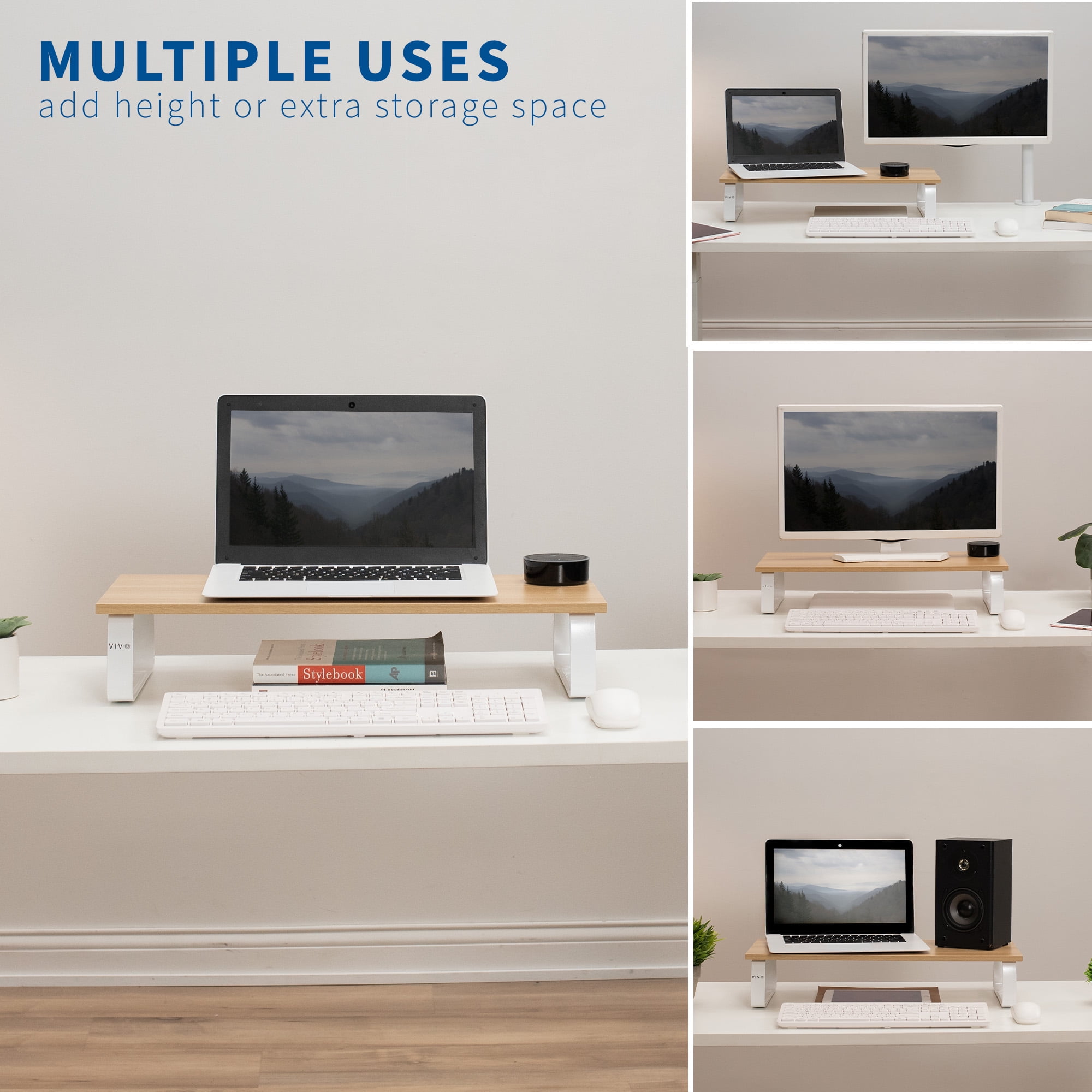 VIVO 24" Desktop Stand Organizer, TV Monitor Riser, Light Wood Top, White Legs