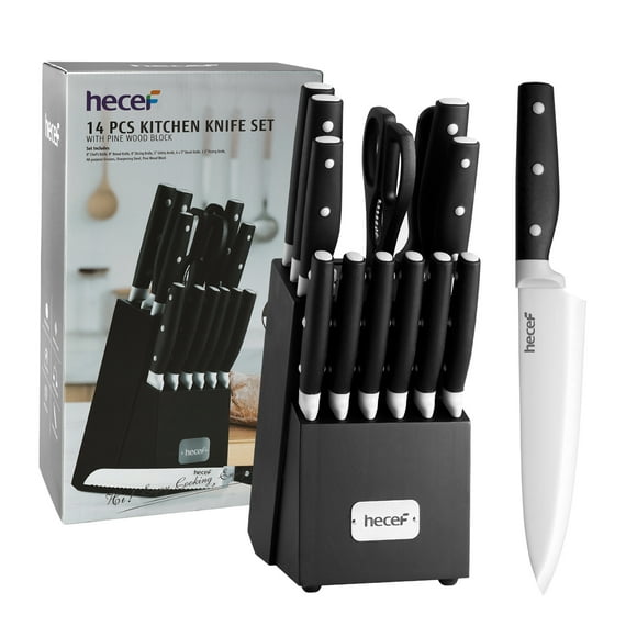 Hecef 14 Pcs Knife Block Set High Carbon Stainless Steel Cutlery Set with Chef Steak Knives