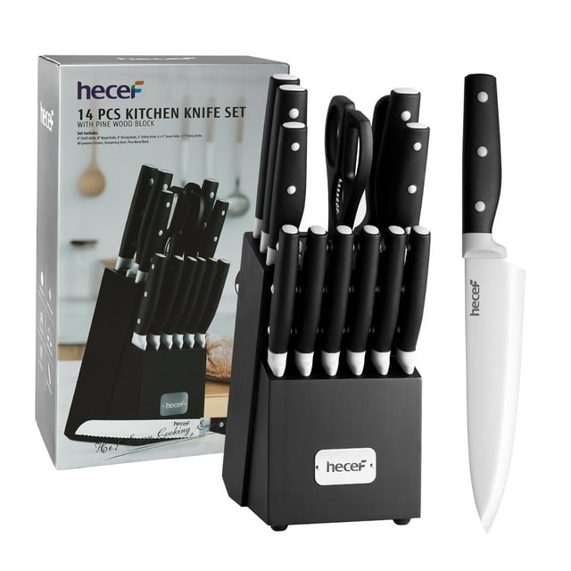 Juego de bloques de cuchillos de cocina Hecef 14 piezas acero inoxidable alto contenido de carbono 6 cuchillos para carne