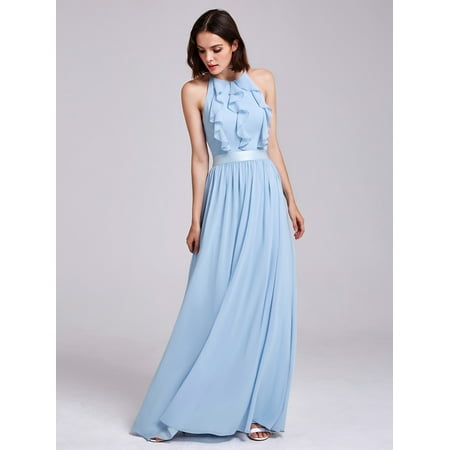 Ever-Pretty Womens Long Halter Pleated Empire Waist Summer Beach Wedding Guest Evening Prom Holiday Party Dresses for Women 07201 Blue US