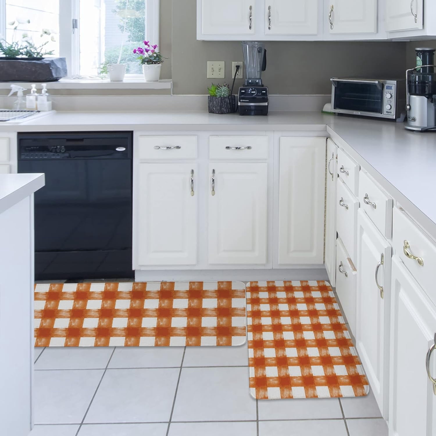 Kitchen Rug Mat Grid Farmhouse, Set of 2, Anti-Fatigue Non-Skid Washable Kitchen Runner Rugs, Watercolor Orange Soft Comfort Rug for Kitchen, Floor Home, Front of Sink, Laundry