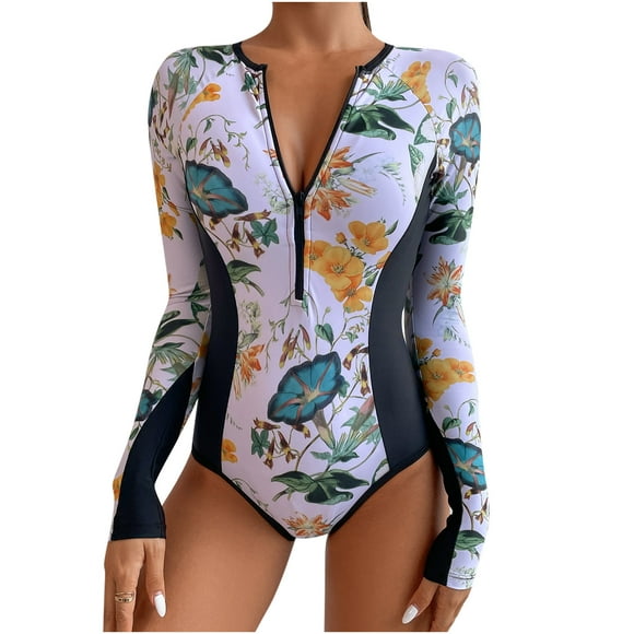 Pisexur Womens Athletic One Piece Swimsuits Boho Floral Printed Long Sleeve Swimsuit Bodysuit Sports Zipper Surfing Wetsuit Bathing Suits