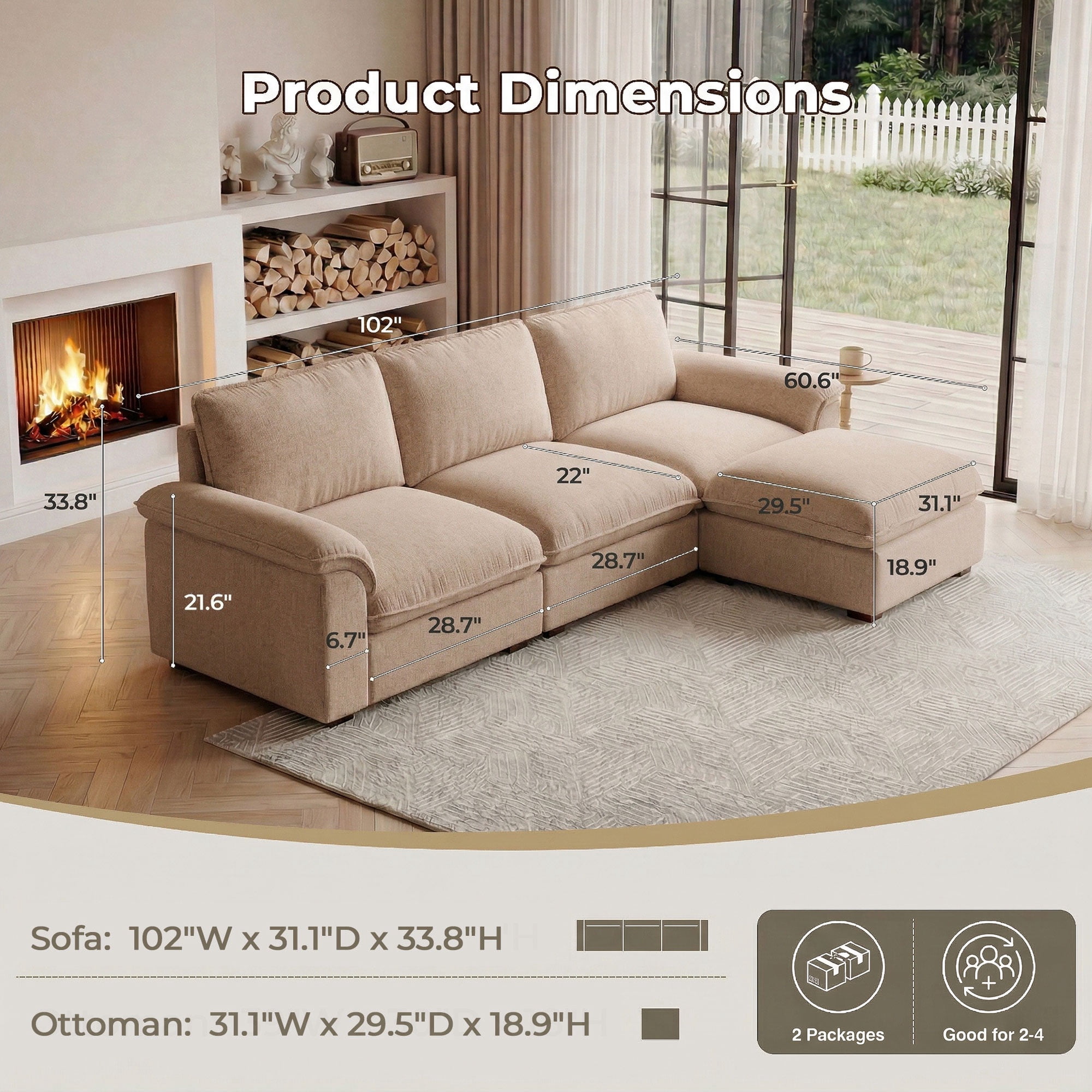 Carzzi-Life 102" Sofa Couch for Living Room, Modern Comfy Sofa with Extra Depth Seat and Ottoman, 3 Seater Chenille Couches for Living Room Apartment, Coffee