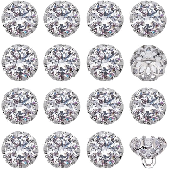16 Pcs Sliver Rhinestone Buttons 0.47x0.37inch Brass Clear Cubic Zirconia Shank Buttons Crystal Rhinestone Button Flat Round Rhinestone Button for Handmade DIY Clothing Decoration