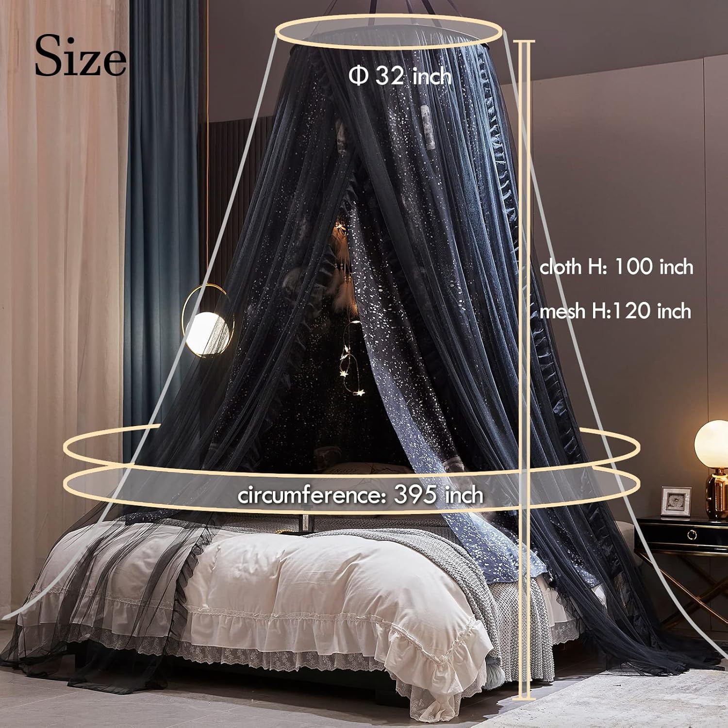 Gorgeous Moon Printed Bed Canopy for Girls & Adults, Room Decorative Cozy Bed Curtain Canopy Drapes, Round Dome Luxurious Lace Princess Canopies Mosquito Netting (Print Moon)