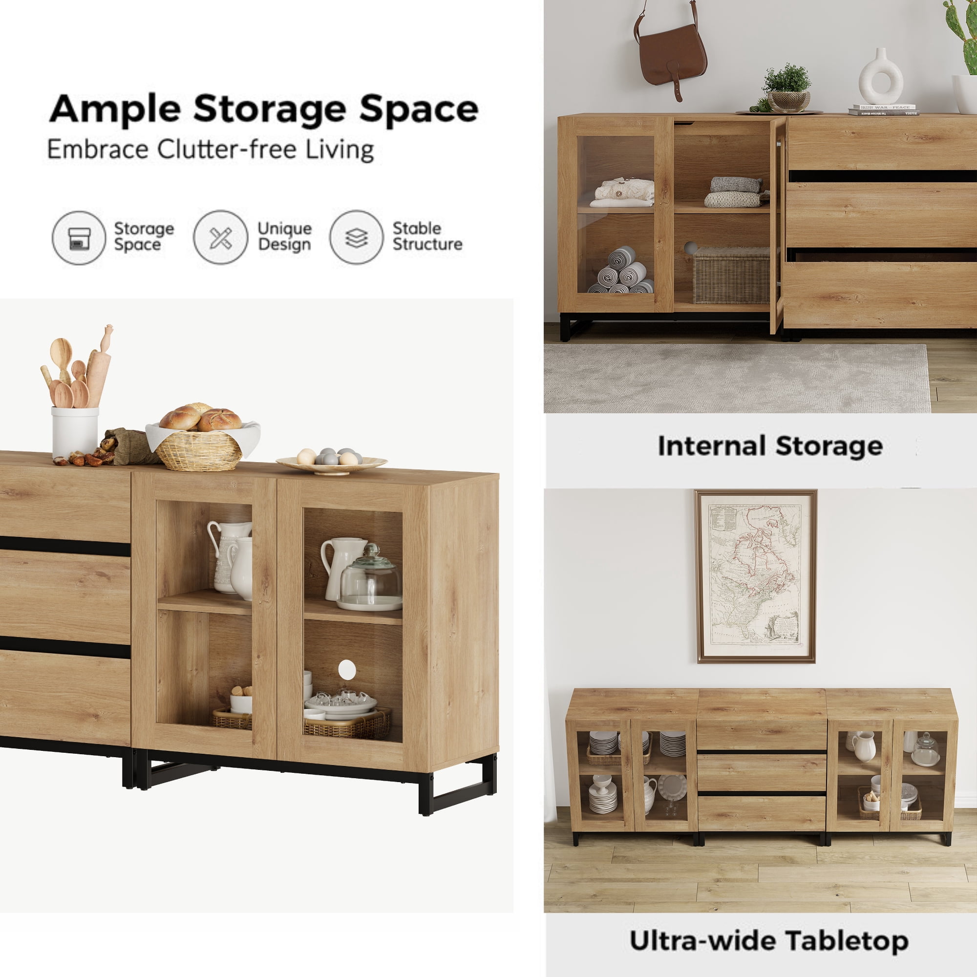 3 In 1 Modern Dresser with Glass Doors & 3 Drawers, Storage Cabinet with Adjustable Shelf, Practical Chest of Drawers for Bedroom,Oak
