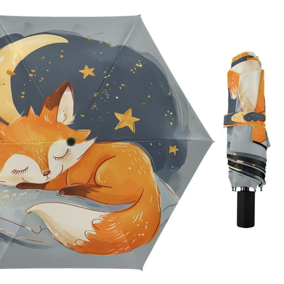 Compact Sun Umbrella Windproof Travel Umbrellas for Rain Strong Portable UV Protection Lovely Sleep Fox with Moon