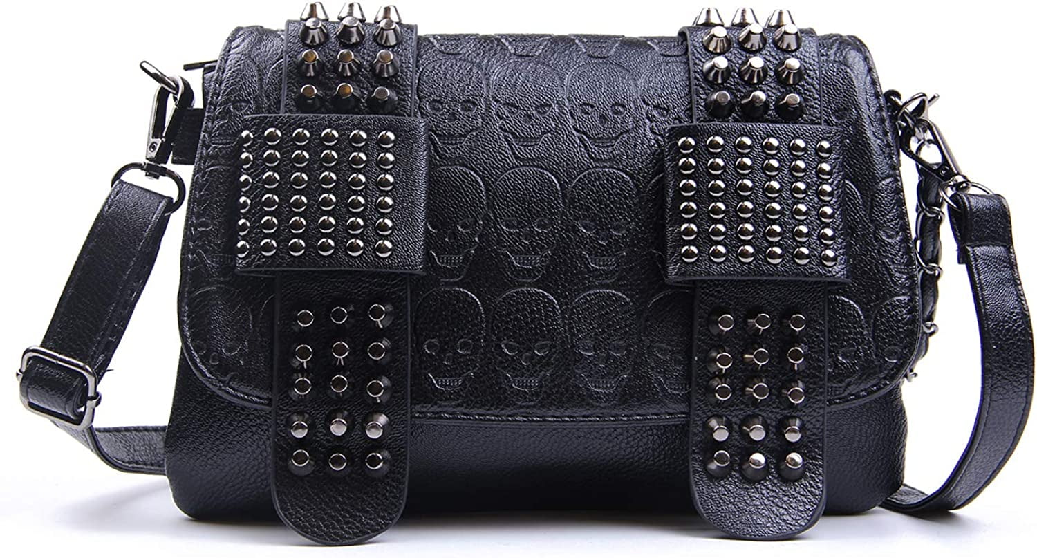 Womens Punk Skull Rivet Shoulder Bag PU Leather Goth Crossbody Bag with  Chain Wallet Purse for Girls