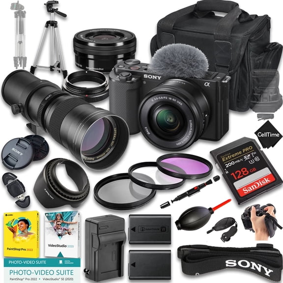 Sony ZV-E10 Mirrorless Camera International Version (No Manufacturer Warranty) w/ 16-50mm Lens & 420-800mm Manual Telephoto   128GB   Extra Battery   Case (24-Pc Bundle)