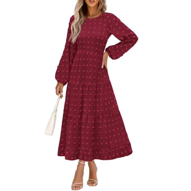 Vestido largo PRETTYGARDEN para mujer, otoño-primavera, punto suizo, rojo vino