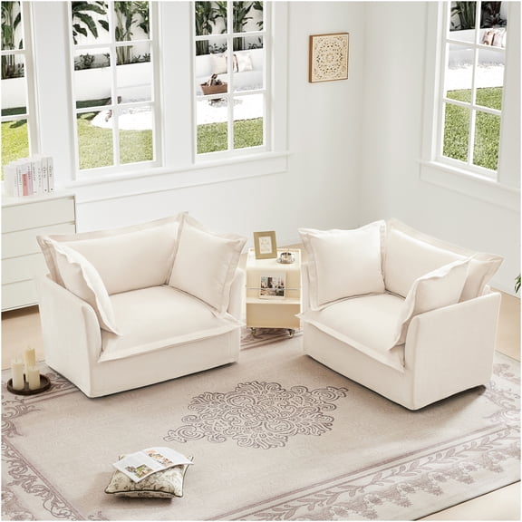 JERFIT Set of 2 Cream Chenille Accent Armchairs with Removable Slipcovers, Deep Seating Lounge Chairs for Living Room, Bedroom