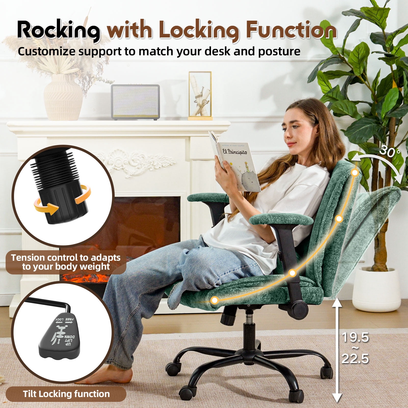 zzw Chenille Home Office Criss Cross Chair with Flip Arms, Lumbar Support and Wheels, Green