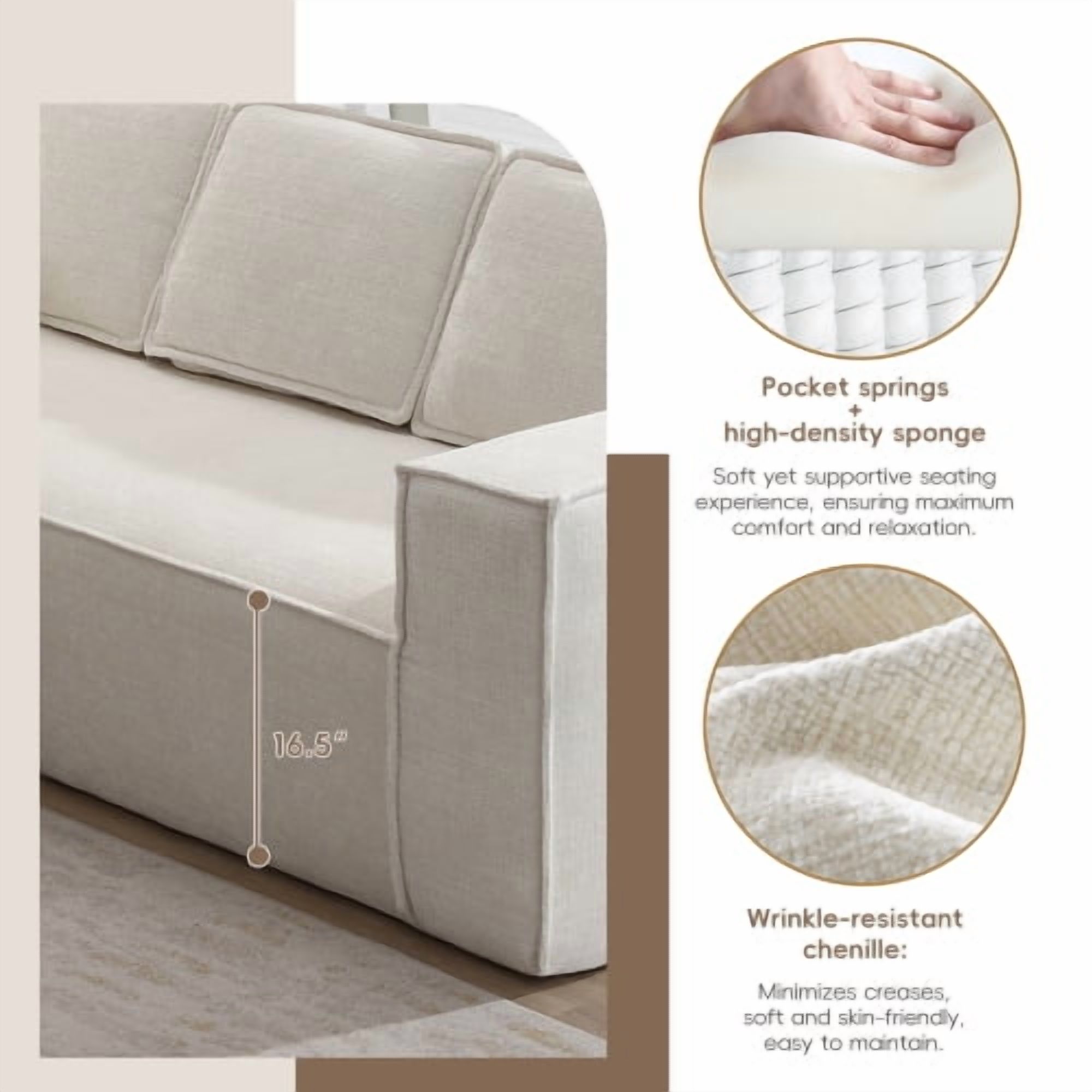EPOWP Modular Sectional Sofa, 129.5" 6-Seat L-Shaped Cloud Couch Set with Chaise, Wrinkle-Resistant Chenille Boneless Sofa, 2-Piece Free Combination for Living Room, No Assembly Required,Beige