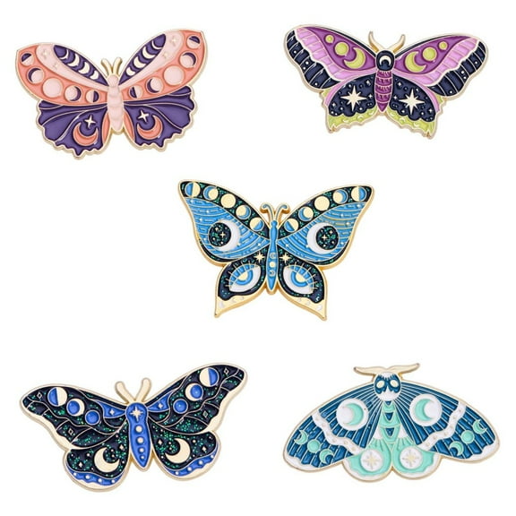 5pcs 5 style Moon Phase Butterfly Enamel Pins golden Plated Alloy Badges for Backpack Clothes Mixed color 21~28x40mm 1pc/style