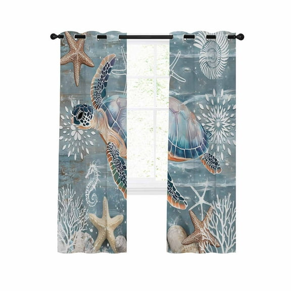 Teal Coastal Turtle Blackout Curtains 54 Inches Long for Bedroom, Nautical Ocean Starfish Coral Thermal Insulated Room Darkening Black Out Window Curtain Panels Grommet Drapes for Living Room
