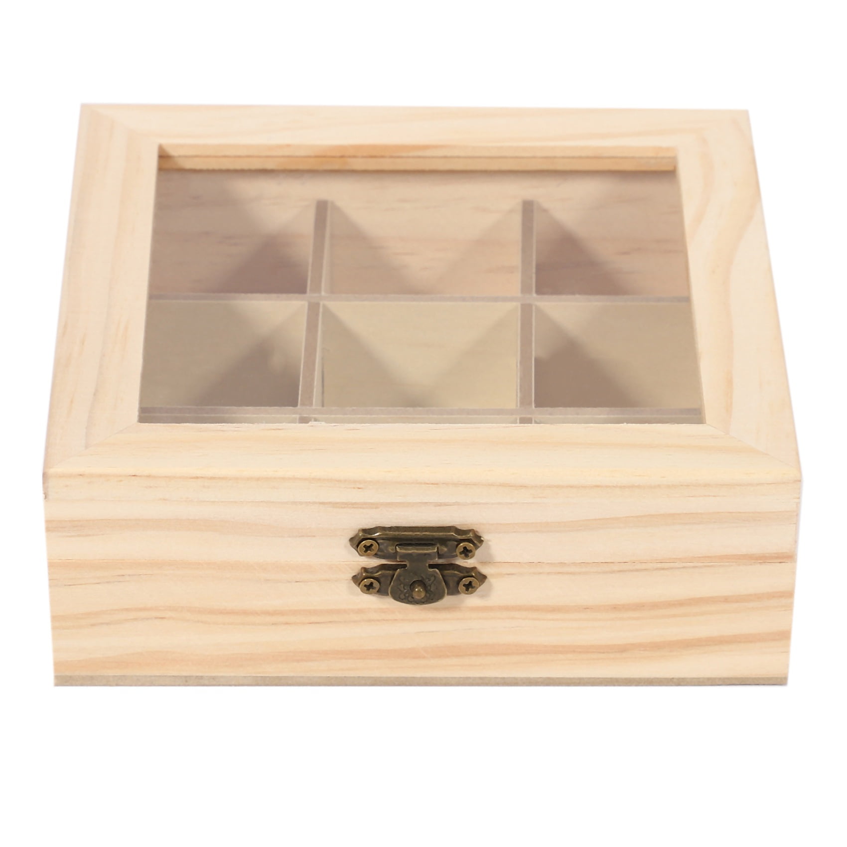 Display Box with Sliding Glass Lid 9 Compartments Plain Wood Wooden Storage 