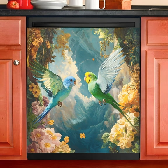 Ryvnso Parrots Flowers Dishwasher Magnetic Refrigerator Magnet Cover Kitchen Home Decorative 23"x26"