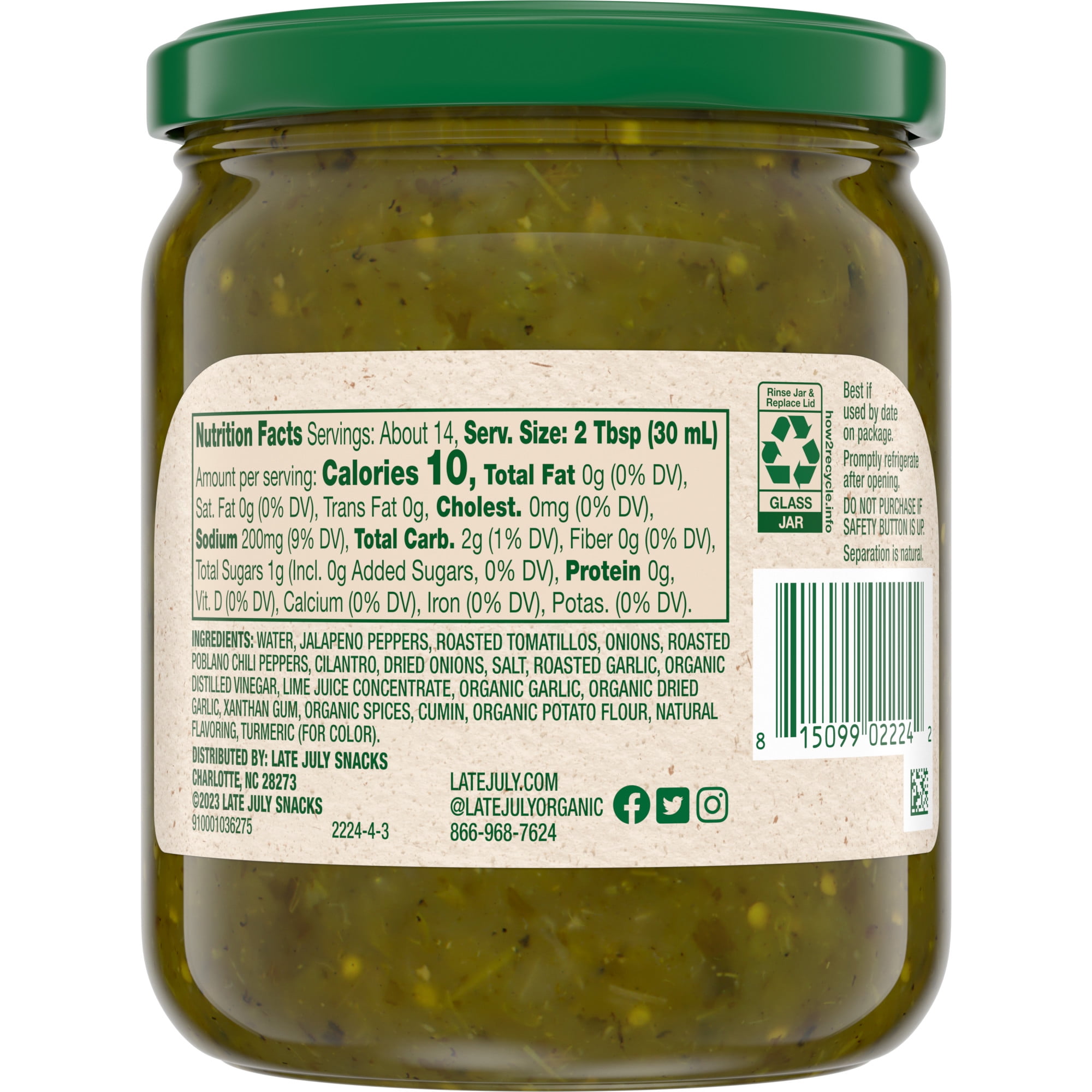 (3 pack) Late July Snacks Salsa Verde with Roasted Tomatillos, Medium, 15.5 oz Jar