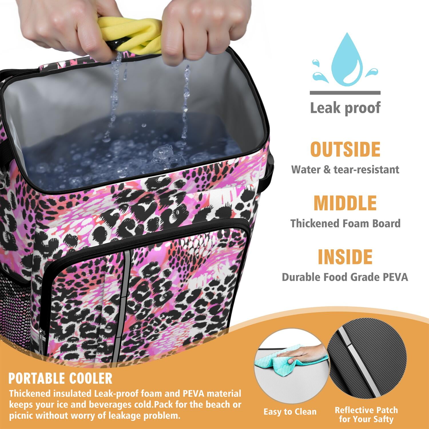 Travel Cooler Bag - Pink Leopard Pattern Camping Beer Cooler Backpack with Bottle Opener- Waterproof Insulated Picnic Backpacks - Cooler Bag for Beach