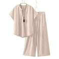 thumbnail image 2 of UVEASISHA Matching Sets for Women Linen Summer Comfy Travel Outfits 2 Piece Short Sleeve Tee and Wide Leg Pants Set Beige XL, 2 of 9