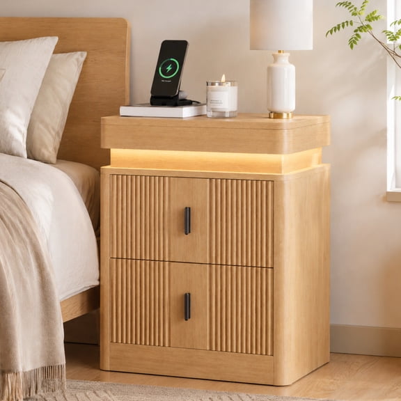 Seetech Nightstand with 2 Drawers and Charging Station, Modern Wood LED Bedside Table, Oak