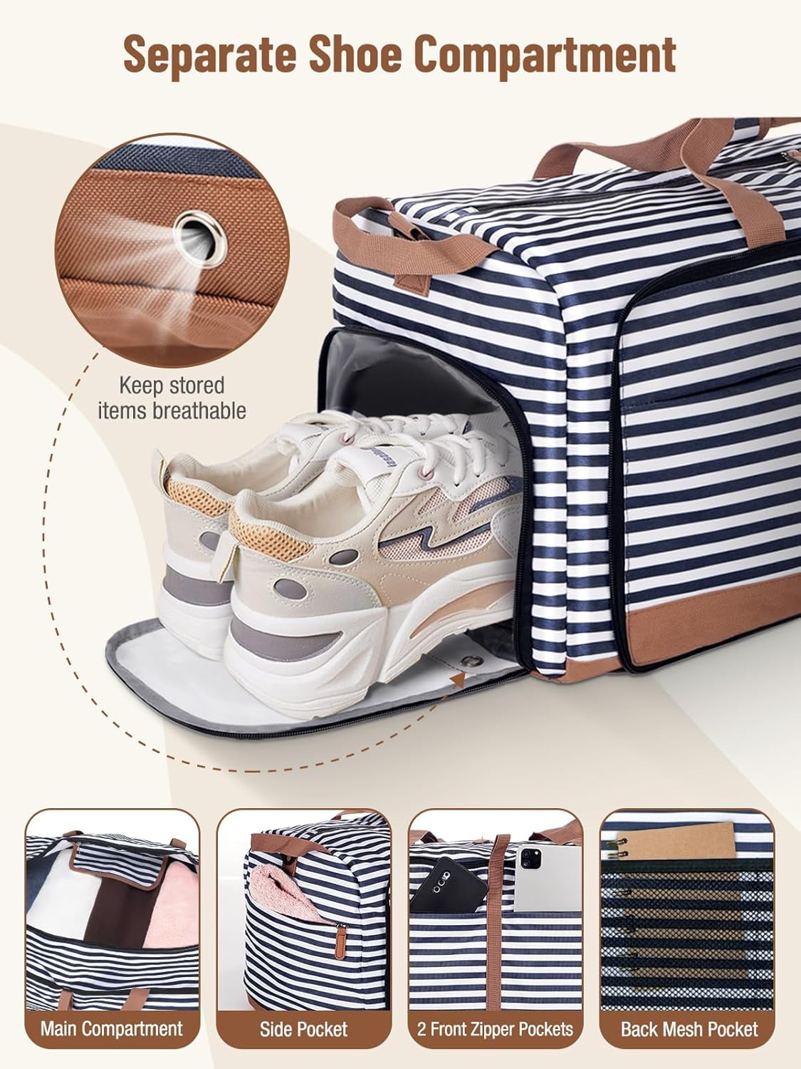 80L Large Foldable Travel Duffle Bag for Women - Separate Shoe Compartment, Carry On Weekend/Overnight/Hospital Bag with Straps (Blue Stripes)