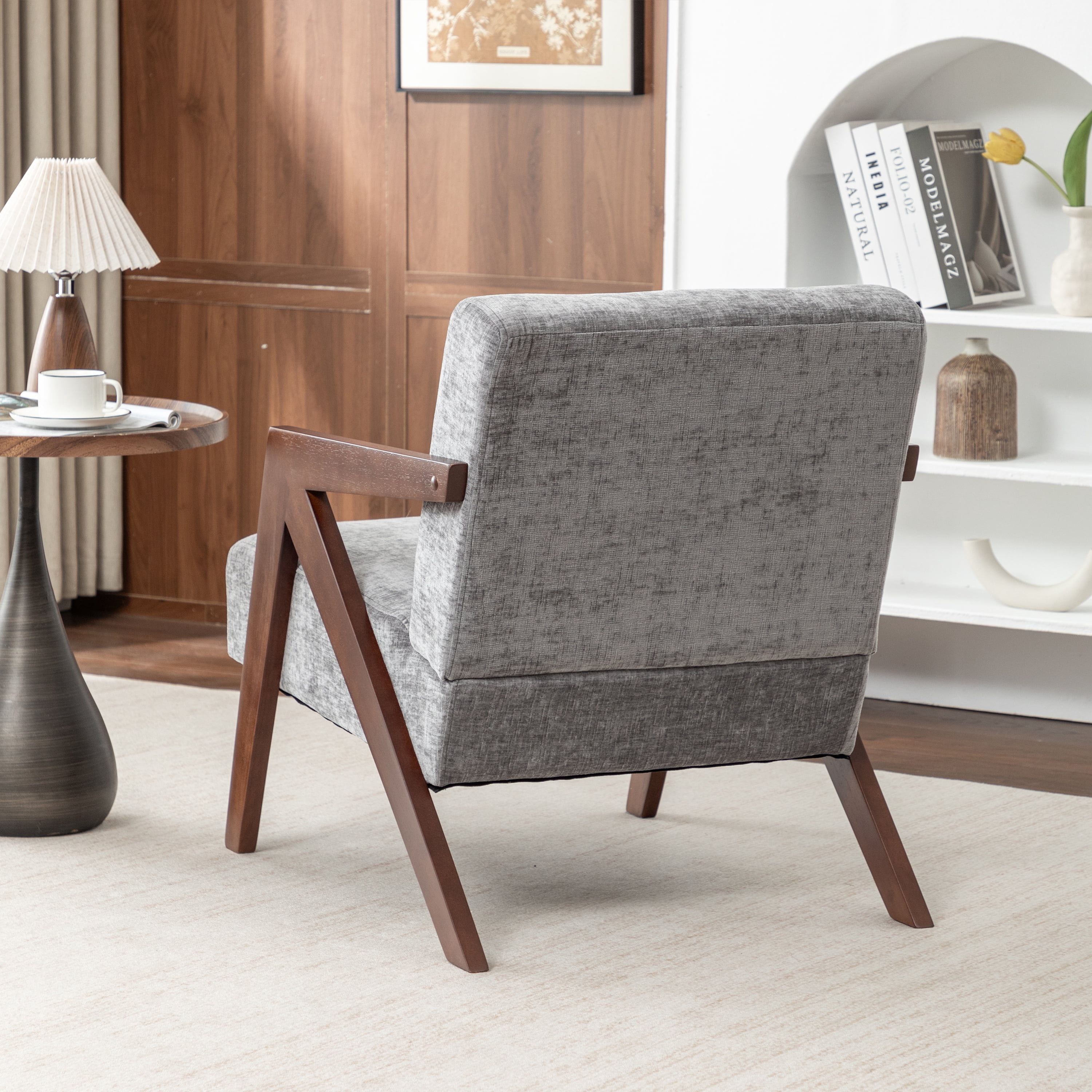 Leumius Mid Century Modern Accent Chair,Upholstered Reading Armchair with Solid Wood Frame,Accent Chair for Living Room Bedroom Apartment, Easy Assembly,Light Gray