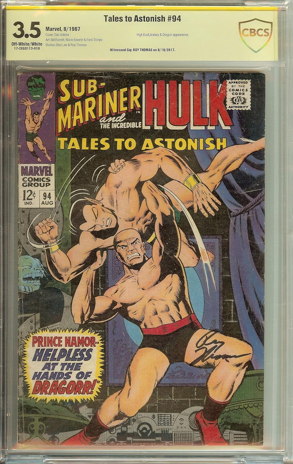 Tales to Astonish #94 Hulk & Sub-Mariner Signed Roy Thomas CBCS 3.5