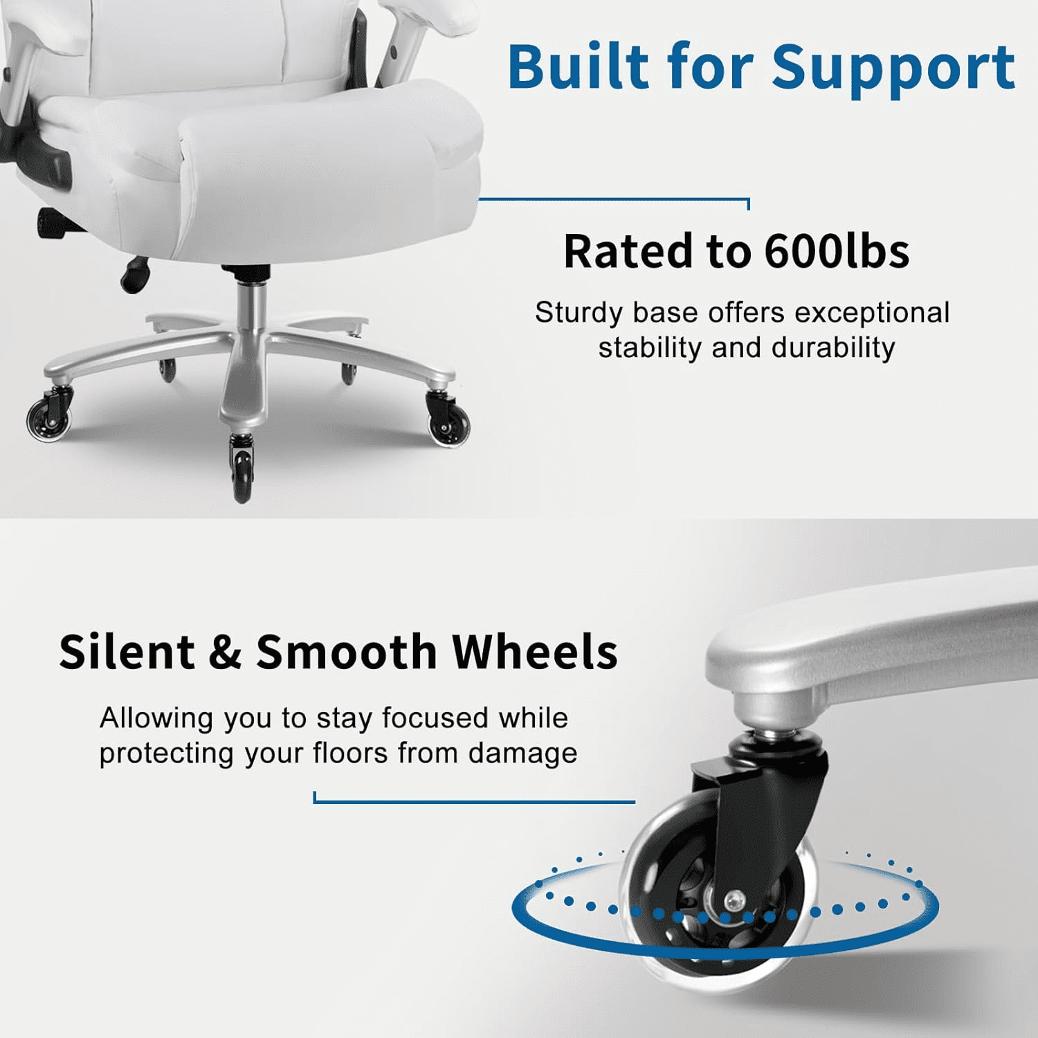 BOSSIN 600lbs Big and Tall Office Chair with Flip up Armrest, Large Heavy Duty with Ergonomic Lumbar Support, Executive Office Chair for Heavy People with Quiet Rubber Wheel(White)