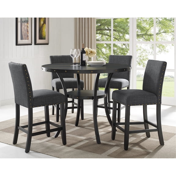 Counter Height Stools in Gray Fabric, 2-Piece Set with Nailhead / Beautify Your Space