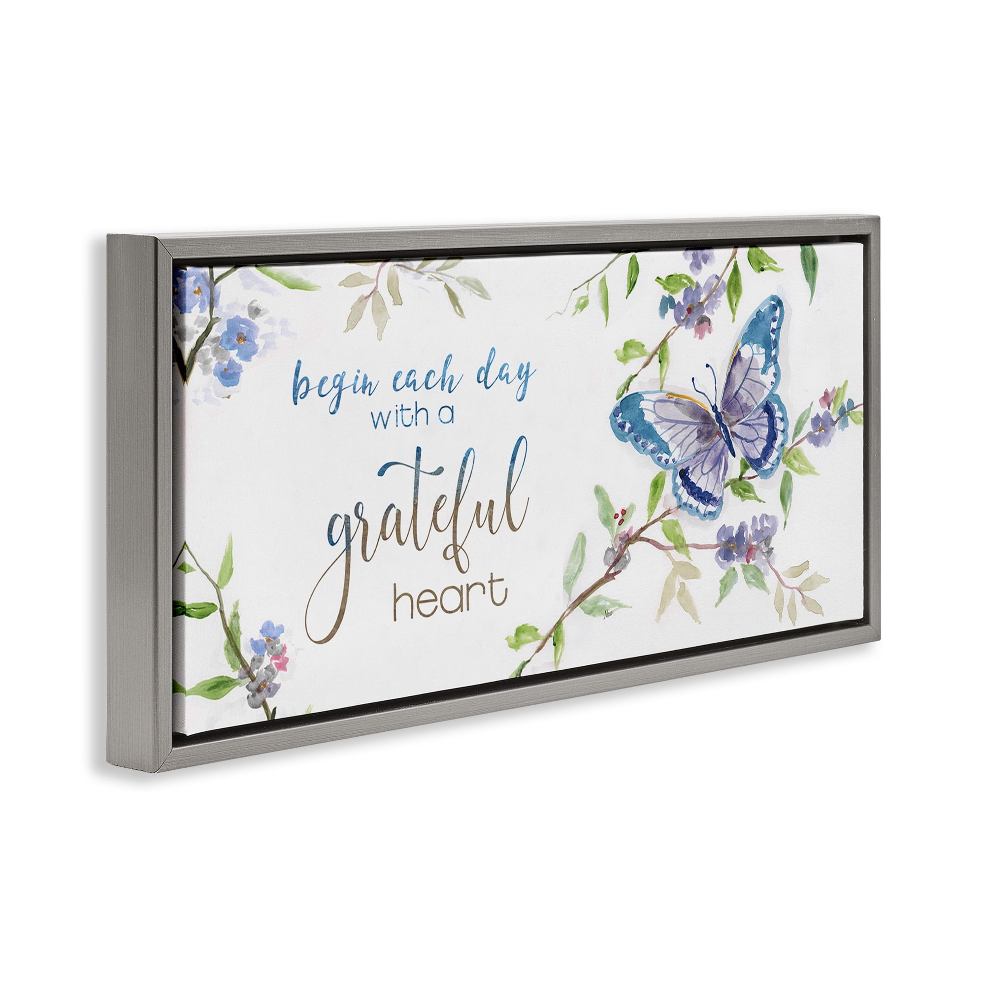Stupell Industries Begin Day with Grateful Heart Inspirational Painting Gray Floater Framed Canvas Art Print Wall Art, 25 x 11