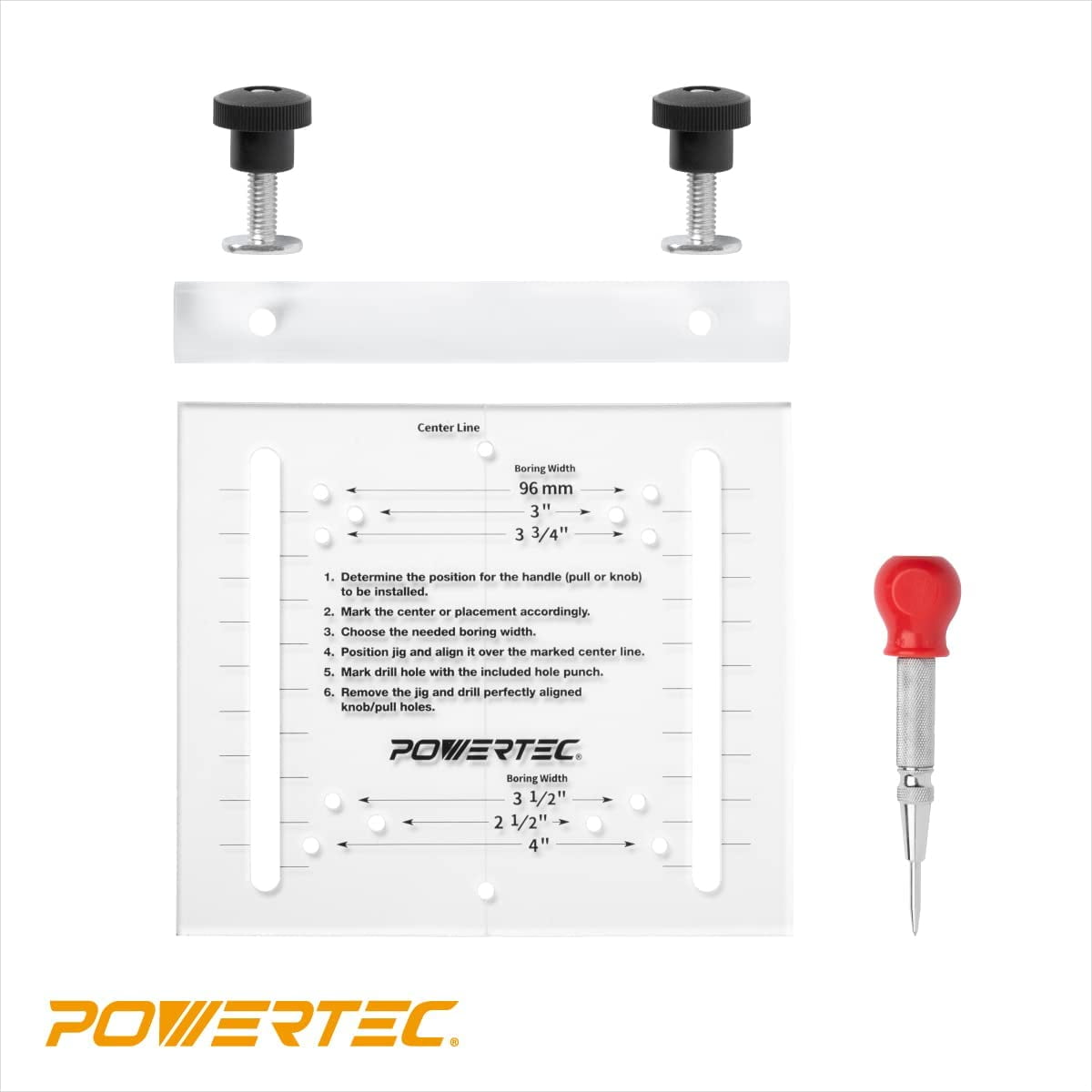 POWERTEC 71412 Drawer Pull Jig Template and Center Punch