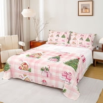 Feelyou Cartoon Xmas Cabin Twin Sheet Sets for Teens, Kawaii Santa Claus Gift Twin Fitted Sheet, Pink Watercolor Plaid Flat Sheet, Breathable Home Decor, 3pcs